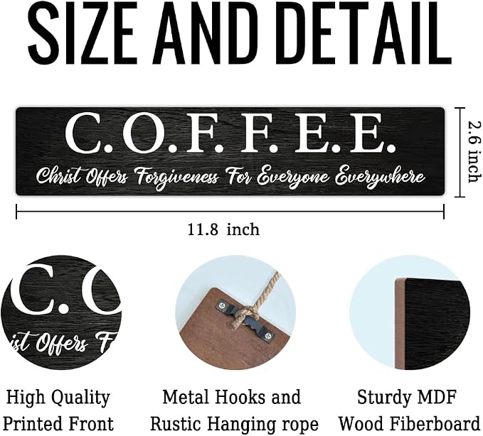 AGMDESIGN Kitchen Cafe Coffee Bar Pub Signs Decor for Wall, Christ Offers Forgiveness for Everyone Everywhere Wooden Sign, Religious Coffee Lover Gifts for Friends, Rustic Cafe Wooden Hanging Plaque - Image 2