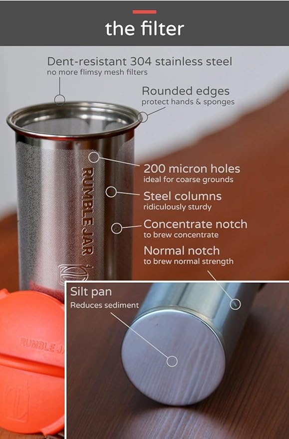 Rumble Jar - Next-Gen Cold Brew Coffee Maker for Mason Jars - 200 Micron Filter Is Ideal for Coarse Grounds & Stronger Coffee - Includes Filter + 32oz Mason Jar