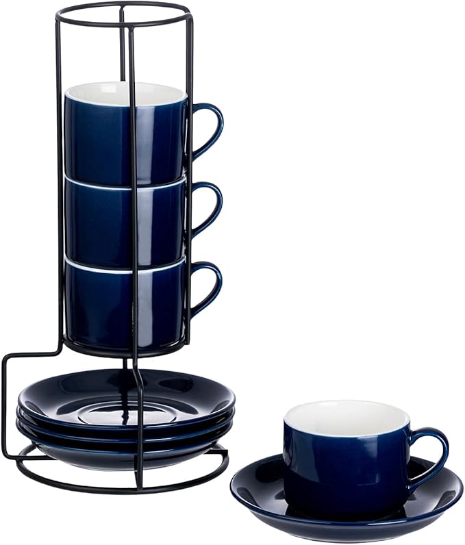 4oz Porcelain Stackable Espresso Cups with Saucers and Metal Stand Set of 4, Stackable Espresso Cups Set of 4, Blue Expresso Shots Cup Set for Coffee Drinks, Cappuccino Latte, Americano, Tea