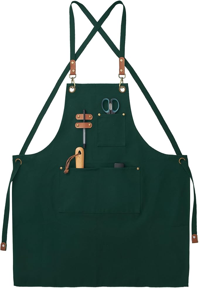 Canvas Aprons, Kitchen Chef Aprons, Work Aprons for Men Women, Adjustable Strap Aprons with 3 Pockets