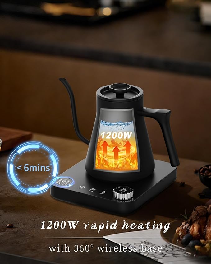 Gooseneck Electric Kettle for Pour Over Coffee, ±1°F Temperature Control, Smart Heating, 304 Stainless Steel, Fast Boil & 2-Hour Keep Warm, 0.9L,Black