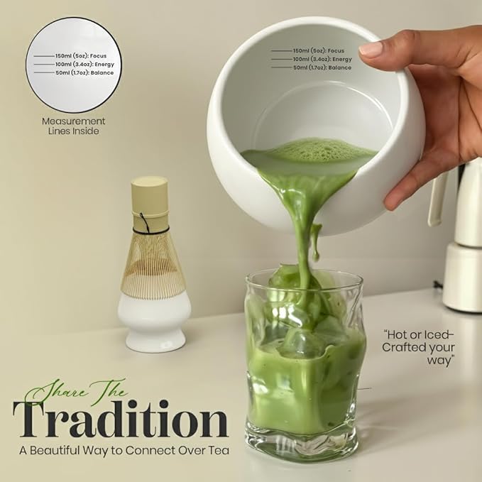 NEXTLUXE Matcha Whisk Set – Matcha Bowl and Whisk Traditional Bamboo Chasen with Ceramic Bowl, Matcha Sets, Matcha Whisk and Bowl, Matcha Starter Kit - Measurement Lines, Spoon & Lid – White