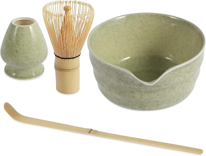4PCS Matcha Whisk Set,Elegant Matcha Tea Set,Exquisite Matcha Kit with Ceramic Matcha Bowl,Matcha Whisk Holder,Bamboo Matcha Whisk and Bamboo Scoop Bamboo Tea Steeper Matcha Tools (Matcha Green)