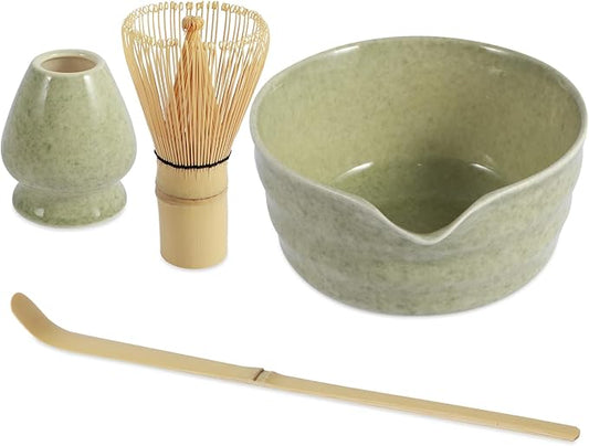 4PCS Matcha Whisk Set,Elegant Matcha Tea Set,Exquisite Matcha Kit with Ceramic Matcha Bowl,Matcha Whisk Holder,Bamboo Matcha Whisk and Bamboo Scoop Bamboo Tea Steeper Matcha Tools (Matcha Green)