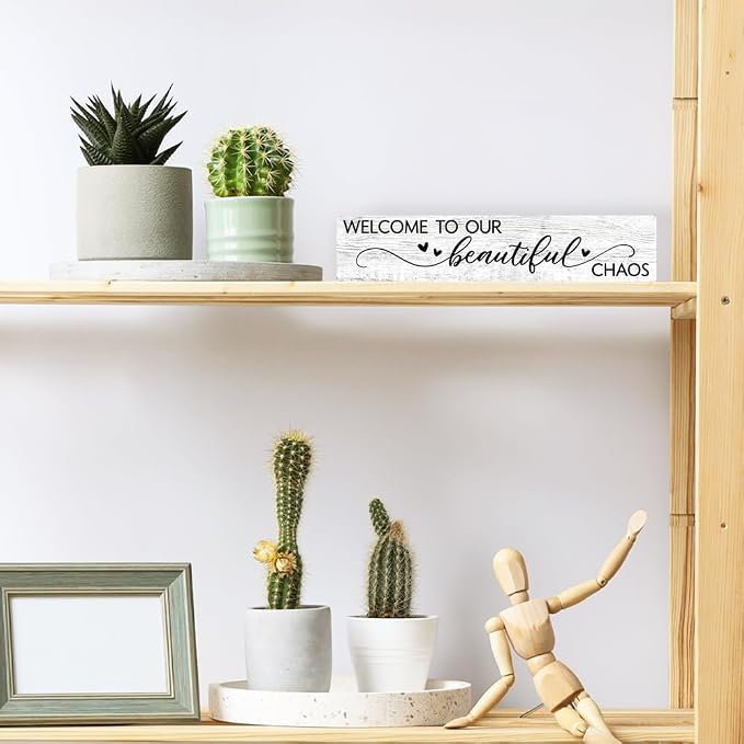 AGMDESIGN Welcome to Our Beautiful Chaos Wooden Sign, Rustic Wall Home Decor for Shelf Door, Farmhouse Yard Bedroom Playroom Porch Entryway Wooden Hanging Plaque, New Parents Housewarming Gifts - Image 4