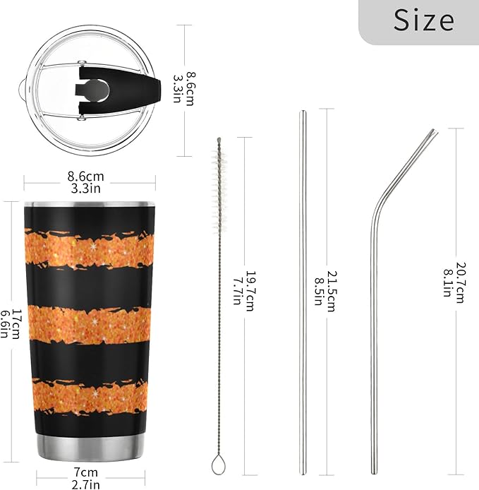 Halloween Tumbler Glitter Stripes Orange Black Insulated Coffee Cup Back to School Beverage Container Office Travel Mug with Straw and Lid 20oz Holiday Gift Day of The Dead Present