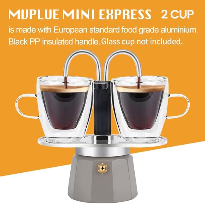 MVPLUE-Mini Express Double Tube Moka Pot Aluminum Gray,Share fresh delicious coffee with a friend