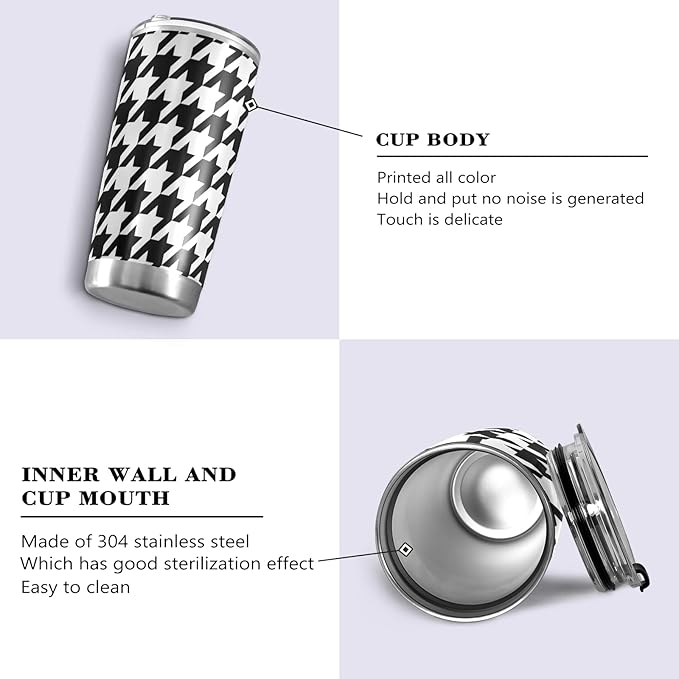 Tumbler Houndstooth Black White Insulated Coffee Cup Beverage Container Travel Mug with Straw and Lid Double Wall Stainless Steel 20oz BPA-Free for Sport, Back to School