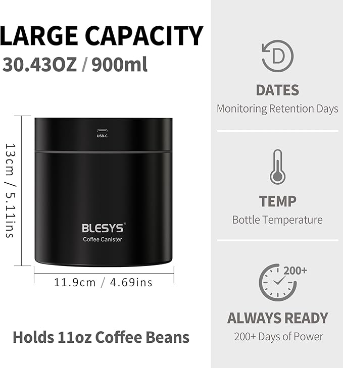 Smart Vacuum Coffee Canister, Automatic Stainless Steel Food Storage Container, LCD Monitoring, One-touch Freshness, Date Tracker, Extra-long Standby Time, Holds 11 oz Coffee Beans (Black, 0.9L)