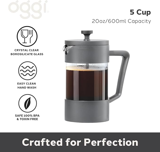 Oggi Borosilicate Glass French Press Coffee Maker (20oz)- 5 Cup Capacity, Coffee Press, Single Serve Coffee Maker, Stainless Steel Lid & Plunger, Make Great Coffee Gifts, Gray