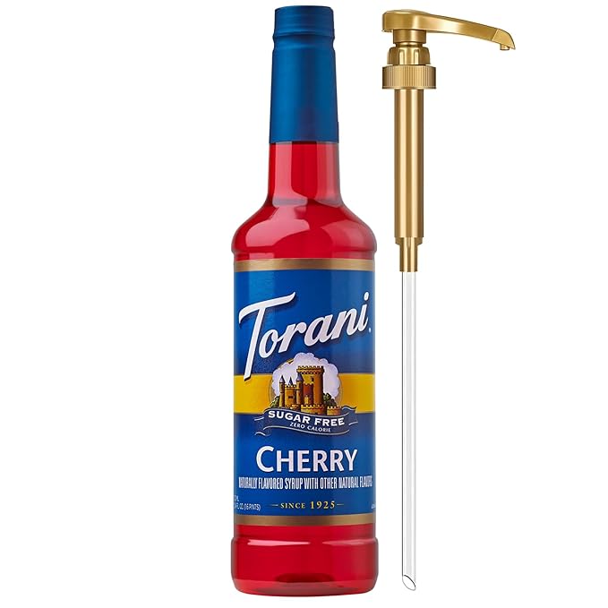 Torani Sugar Free Syrup, Cherry Flavored Syrup for Drinks, Zero Calorie, Glass Bottle with Pump Included, 25.4 Fl Oz