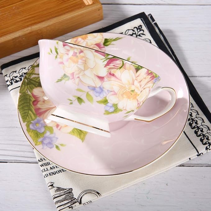 Pink Tea Cup,Floral Tea Cup and Saucer Set,Bone China Tea Set,Coffee Cup,Tea Set for Adults/Friends/Women/Men,7OZ