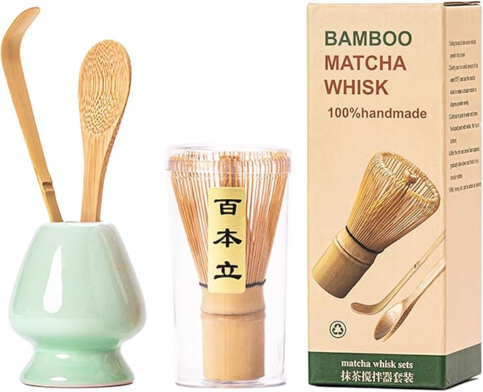 Matcha Whisk Set - Matcha Set 4 Pcs - Bamboo Matcha Whisk + Ceramic Whisk Holder + Scoop +Spoon - 100% Handmade from natural Bamboo - for starter
