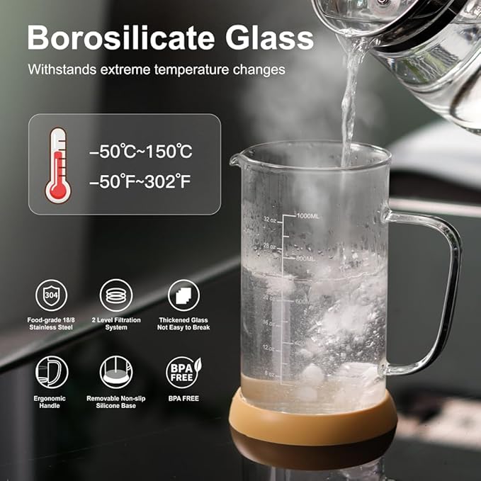 wedrink 34oz French Press Coffee Maker - Thicken Heat-Resistant Borosilicate Glass Bamboo Lid Plastic Free Coffee Press (1000ml)