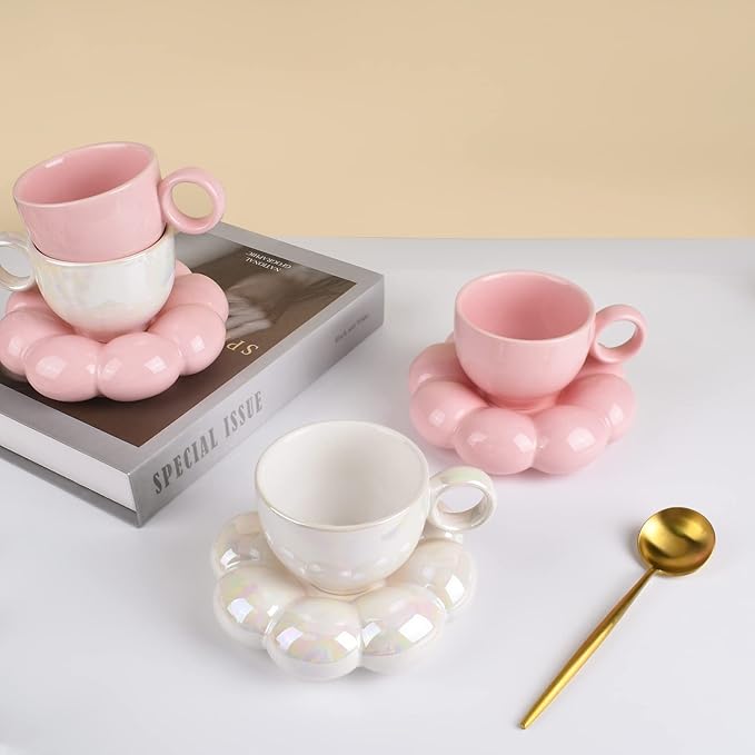 Koythin Ceramic Coffee Mug with Saucer Set, Creative Cute Cup with Sunflower Coaster for Office and Home, 6.5 oz/200 ml for Tea Latte Milk (Pearl White)