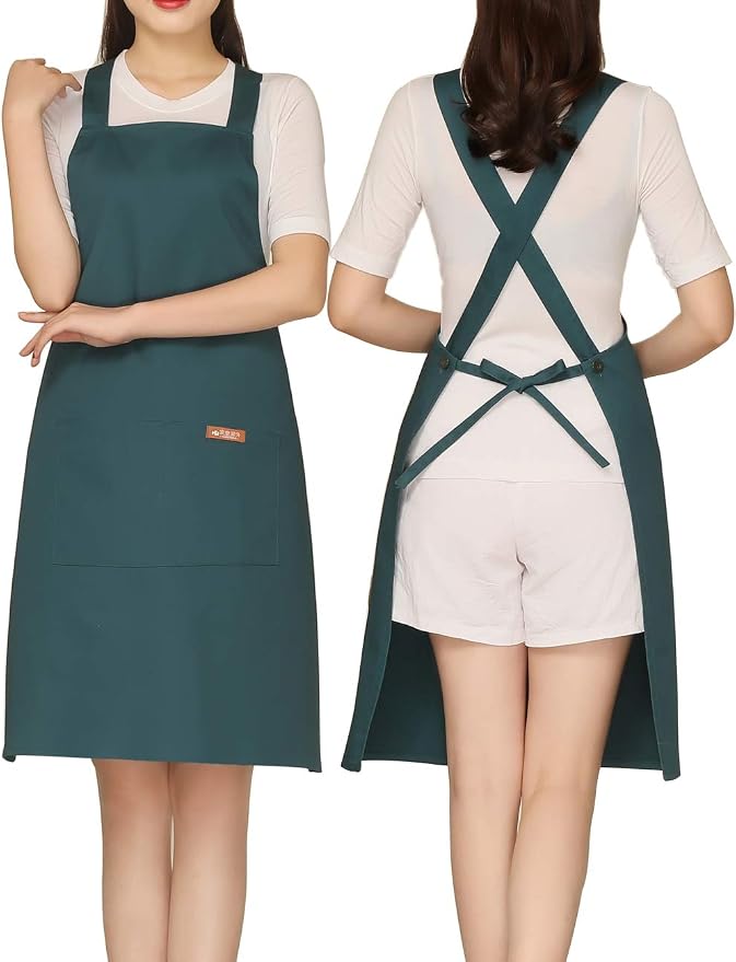 NEWGEM 100% Cotton Cross Back Apron for Women with 2 Pockets - Adjustable Button Straps Pinafore, No Neck Pain Kitchen Chef Apron for Waitress, Barista, Florist (Dark Green) by NEWGEM