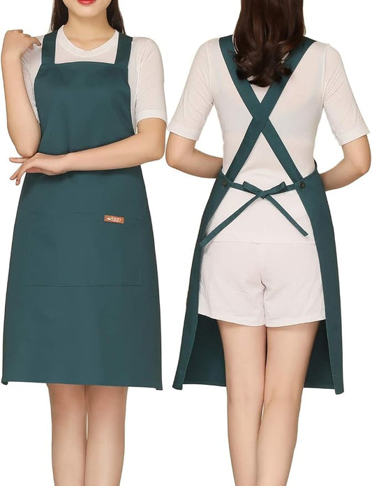NEWGEM 100% Cotton Cross Back Apron for Women with 2 Pockets - Adjustable Button Straps Pinafore, No Neck Pain Kitchen Chef Apron for Waitress, Barista, Florist (Dark Green) by NEWGEM