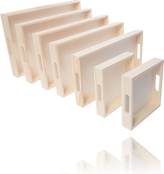 Wooden Nested Serving Trays, Unfinished Rectangle Trays with Cut-Out Handles for Crafts, Ottomans, Serving and Home Décor – Set of 7