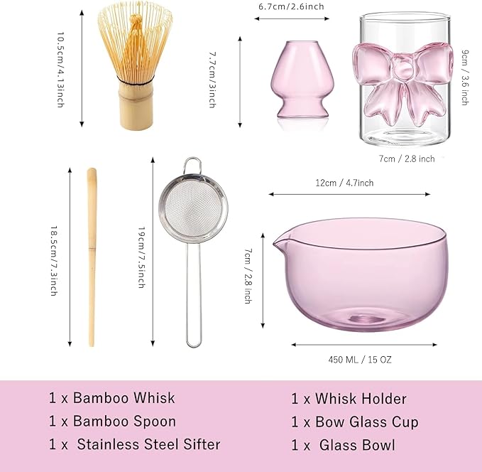 Pink Matcha Set Whisk, matcha Bowl with Spout,Glass Bow Matcha Cup for Iced Coffee Matcha Latte,Sifter,Bamboo Whisk Holder,Scoop 6pcs Cute Matcha Kit Japanese Tea Set Ceremonial Gifts