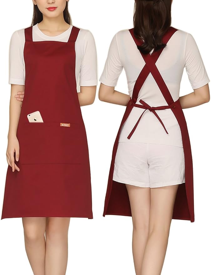 NEWGEM 100% Cotton Cross Back Apron for Women with 2 Pockets - Adjustable Button Straps Pinafore, No Neck Pain Kitchen Chef Apron for Cosmetologist, Hairstylist, Bartender (Burgundy) by NEWGEM
