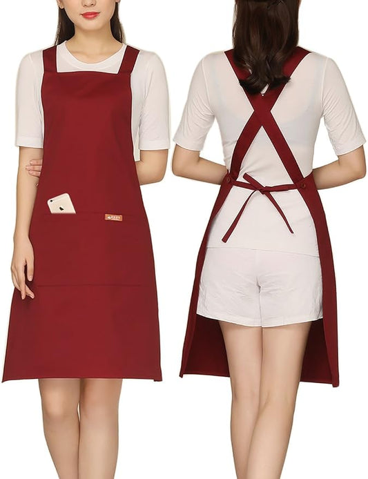 NEWGEM 100% Cotton Cross Back Apron for Women with 2 Pockets - Adjustable Button Straps Pinafore, No Neck Pain Kitchen Chef Apron for Cosmetologist, Hairstylist, Bartender (Burgundy) by NEWGEM