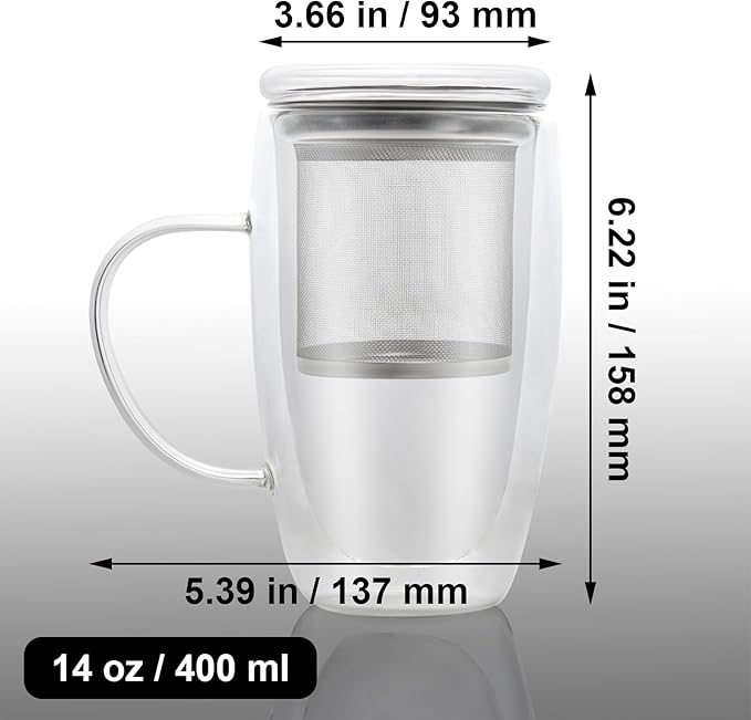 Double Wall Glass Tea Mug with Infuser and Lid, 14 oz / 400 ml Borosilicate Glass Tea Cup with 304 Stainless Steel Fine Mesh Infuser, Durable Insulated Tea Cup, Gift for Tea Lovers
