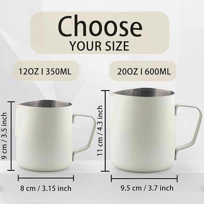 Milk Frother Cup, 20oz/600ml Milk Pitcher, Thickened 304 Stainless Steel Milk Frothing Pitcher for Espresso Coffee, Milk(White)