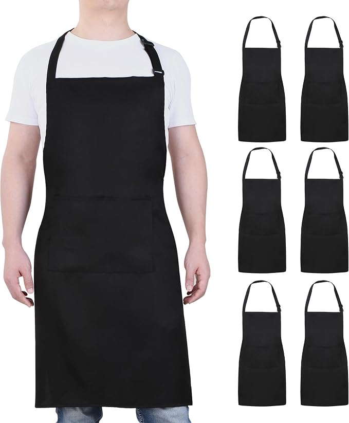 Will Well Chef Apron for Men and Women - 33" x 27" Large with 38" Waist Ties for a Comfy and Snug Fit, Durable and Lightweight, with 2 Spacious Pockets for Your Cooking Essentials - 6-Pack, Black | Unisex 33'' x 27'' Oil & Water Resistant Soft Kitchen ... by WillWell