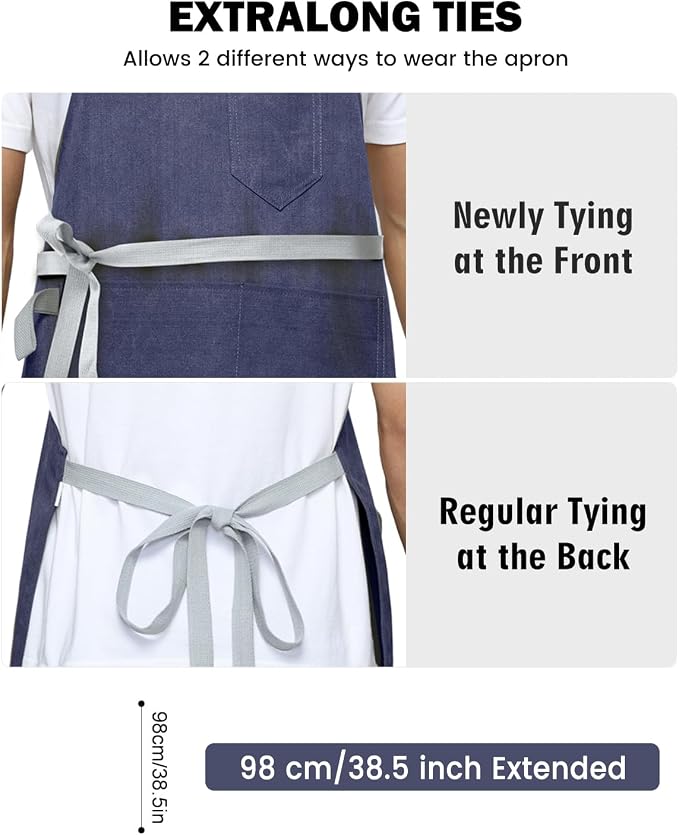 Chef Apron w/Pockets, Adjustable Strap for Cooking & Gardening | Equipped with 3 Large Multi-use Pockets, Wear-Resistant Fabric, Easy Clean, Ideal for BBQ Baking Craft for Men Women - Image 3