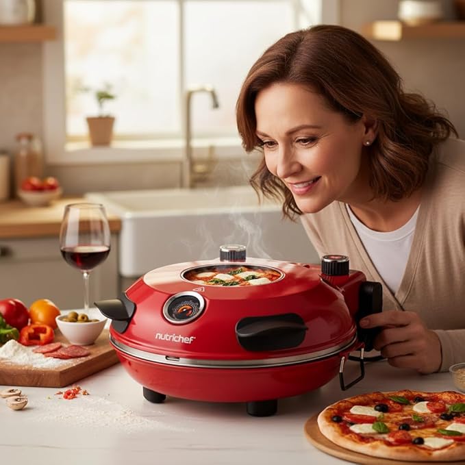 NutriChef Electric Pizza Oven | 1200W Countertop Pizza Maker with Temperature Control & Thermometer | Viewing Window for Precise Cooking | Heats up to 800˚F | Easy to Clean Non-Stick Coating | Red