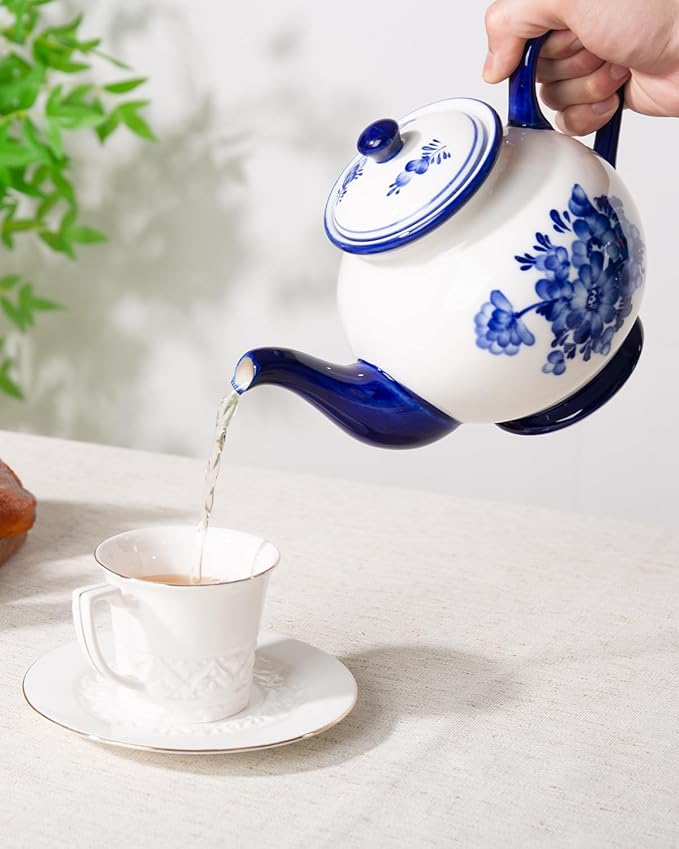 45 Ounce Tea Pot with Infuser, Ceramic Blue and White Teapot, Flowers