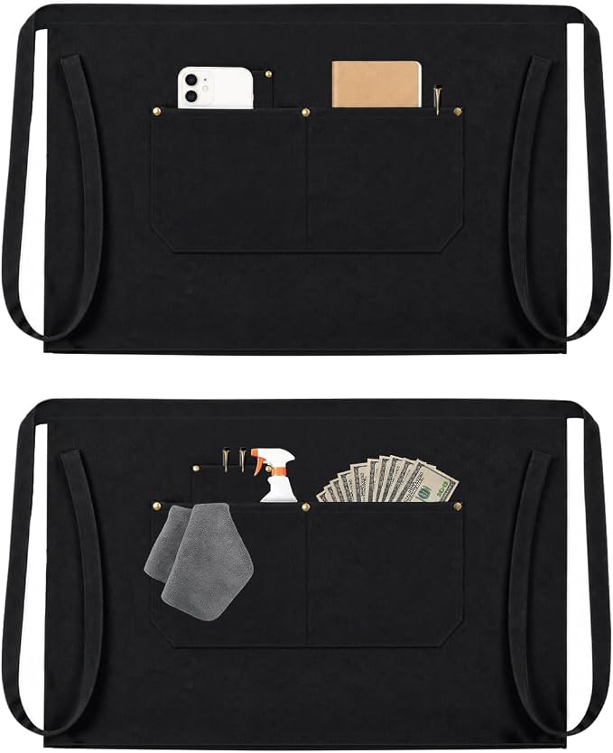 Work Server Apron for Men Women 2PCS with 3 Pockets for chef, waitress | Black Waist Apron for Waitress, Waiter, Barista, Ideal for Cafe, Bar, Gardening, Cooking, BBQ, Painting, Cleaning - Image 2