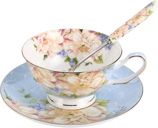 Blue Tea Cup,Floral Tea Cup and Saucer Set,Bone China Tea Set,Coffee Cup,Tea Set for Adults/Friends/Women/Men,7OZ