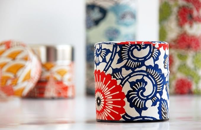 Japanese Pokkan Matcha Coffee Spice Tea Tin Canister Washi Paper Storage with Lid 7.05 oz Capacity (Modern Seigaiha, S)