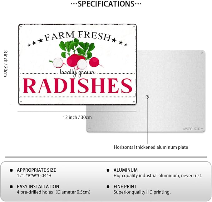Vintage Radishes Metal Signs Wall Decor Funny Vegetables Art Poster Decorative for Home Farmhouse Kitchen Garden Cafe Bar Farm Porch Fence Yard 12X8 Inch Aluminium Hanging Plaque - Image 2