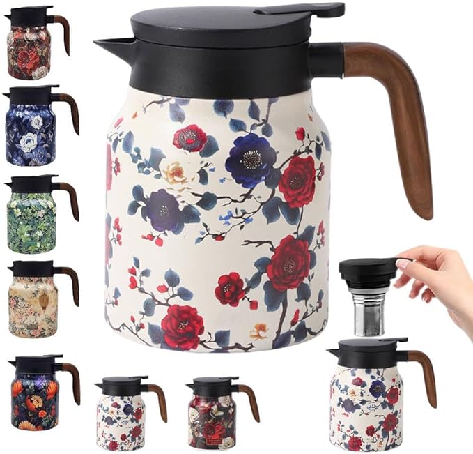 Vintage Floral Pattern Tea Pots – Built-in Infuser,Vintage Floral Teapot with Built In Infuser Stainless Steel Thermal Carafe with Lid for Hot Drinks,White(Wooden handle,35oz)