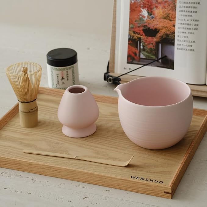 Matcha Whisk Set, Ceramic Matcha Bowl & Whisk Holder, Bamboo Accessory, Modern Design (Matte Crème, Pouring Spout) (Matte Soft Pink)