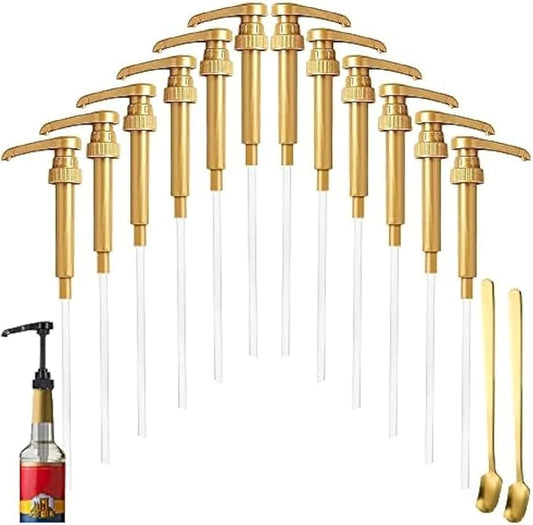 12 Pcs Syrup Pumps Dispenser, Compatible with 25.4 Oz/750ml Bottles, Great for Home & Coffee Bar Drinking Mixes, Tea, Beverage, Cocktails, Plus Spoons(Gold 5.23") by DupakSYS