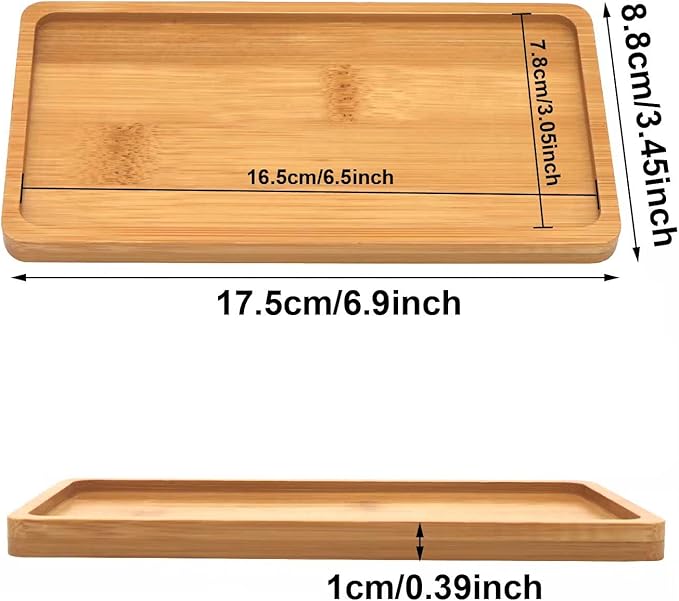 GUKBIAY Bamboo Plant Saucer 6.8 x 3.45 Inch 2 Pack Mini Rectangle Plant Pot Tray Small Bamboo Drainage Saucer for Modern Ceramic Flower Pot