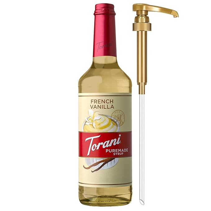 Torani Puremade Syrup, French Vanilla Flavoring for Drinks, Glass Bottle with Pump Included, 25.4 Fl Oz