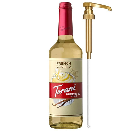 Torani Puremade Syrup, French Vanilla Flavoring for Drinks, Glass Bottle with Pump Included, 25.4 Fl Oz