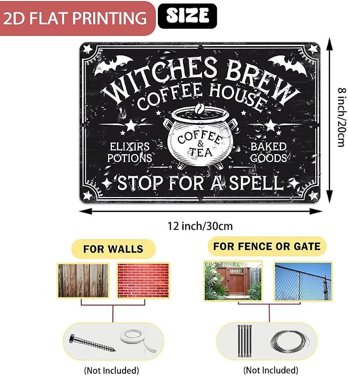Vintage Witches Brew Coffee House Stop For A Spell Metal Sign - 8x12 Inch, Gothic Witch Plaques Art Sign For Kitchen, Pubs, Cafe, Living Room Decor, Halloween Party Accessories, Halloween Decor - Image 3