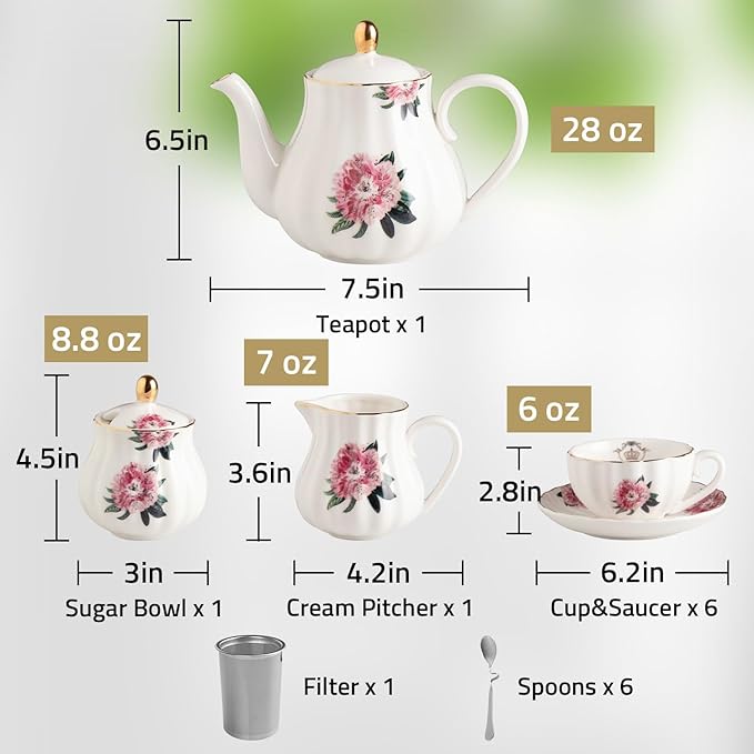 Sweejar Porcelain Tea Sets British Royal Series, 8 OZ Cups & Saucer Service for 6, with Teapot Sugar Bowl Cream Pitcher Teaspoons and Tea Strainer, Suitable for High Tea, Wedding, Party(Blush Pink)