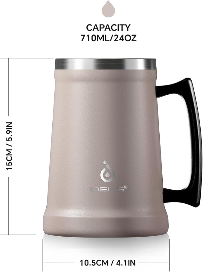 Ideus Insulated Beer Stein, 24/32oz Stainless Steel Double Walled Beer Mug Giant Bar Drinkware Metal Beer Cup with Big Grip Handle (Dusty Pink, 24 ounces (710ml))