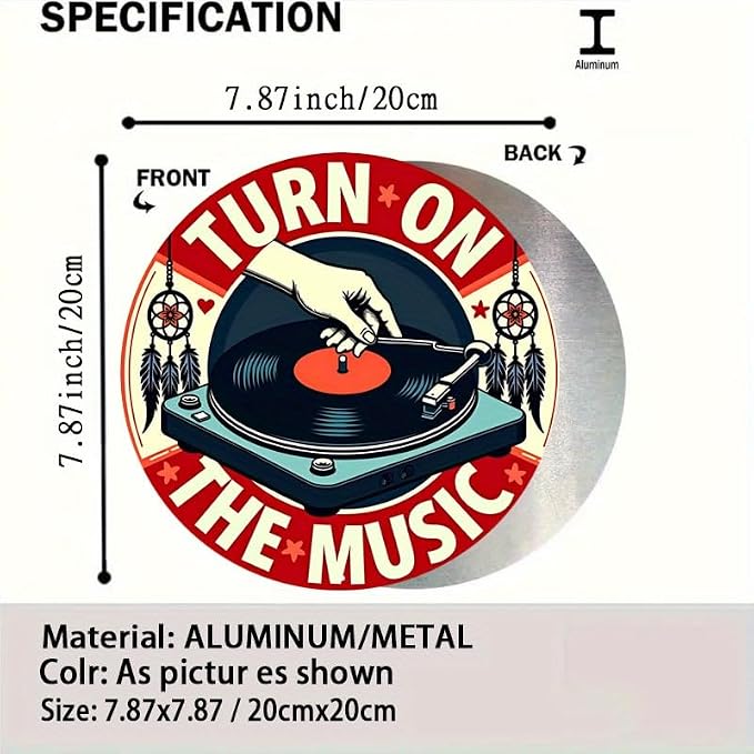 1pc Vintage Turn On The Music Vinyl Record Tin Sign, Retro Style Aluminum Wall Art, Rustic Metal Decor Plaque, 8x8", with No Electricity Needed, Cafe - Multipurpose Wall Hanging - Image 2