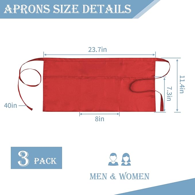 PEASUG Server Apron, Waitress Apron with 3 Pockets, Short Aprons for Women with Pockets for Servers, Waiter, Waitress