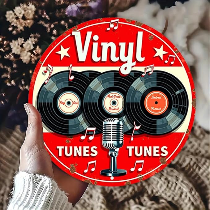 1pc Vintage Aluminum Metal Sign - Vinyl Tunes Round Wall Art - Classic Records & Retro Microphone Design - Ideal for Bar, Cafe, Music Room Decor - 7.8" Diameter by Unknown