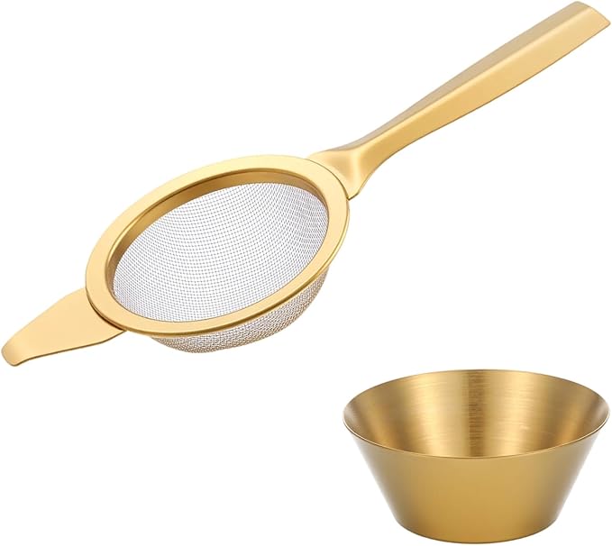 2 Pcs 2.36 Inch Mini Matcha Sifter, 30 Fine Mesh Stainless Steel Tea Strainer Dual-Use Matcha Sifter with Drip Cup for Loose Tea Coffee(gold)