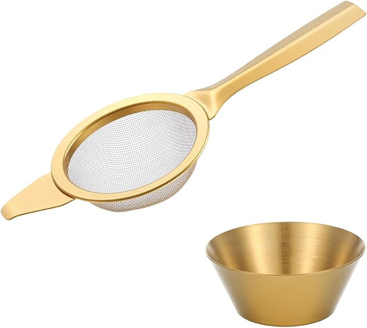 2 Pcs 2.36 Inch Mini Matcha Sifter, 30 Fine Mesh Stainless Steel Tea Strainer Dual-Use Matcha Sifter with Drip Cup for Loose Tea Coffee(gold)