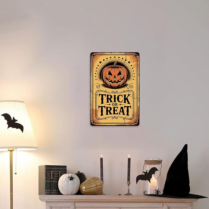 Vintage ''Trick or Treat'' Metal Sign - 8x12 Inch, Spooky Pumpkin Ghost Art Sign For Porch, Pubs, Cafe, Garage Decor, Halloween Party Accessories, Halloween Decor - Image 6